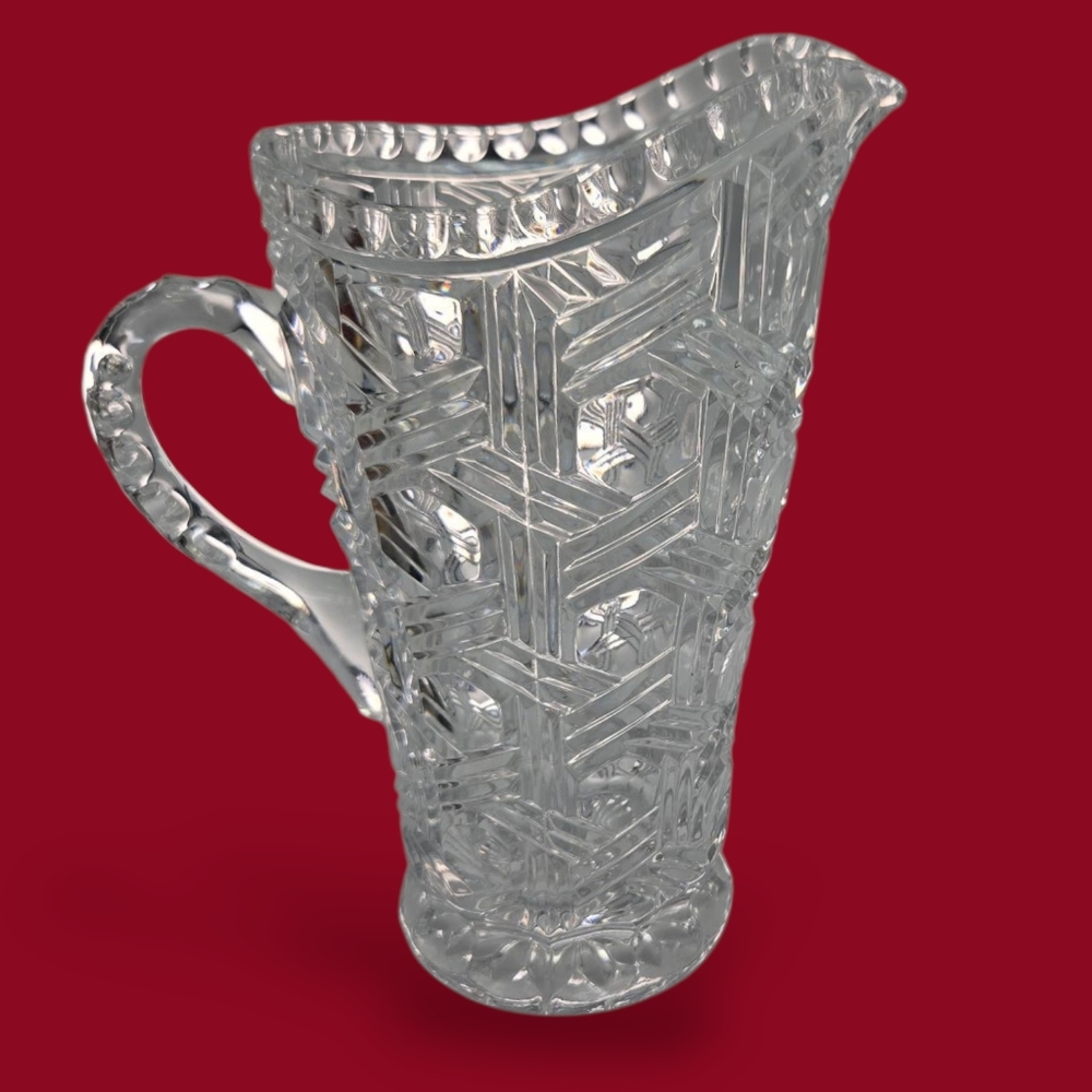 Antique Crystal Early American Pattern Glass Pitcher Tankard Geometric